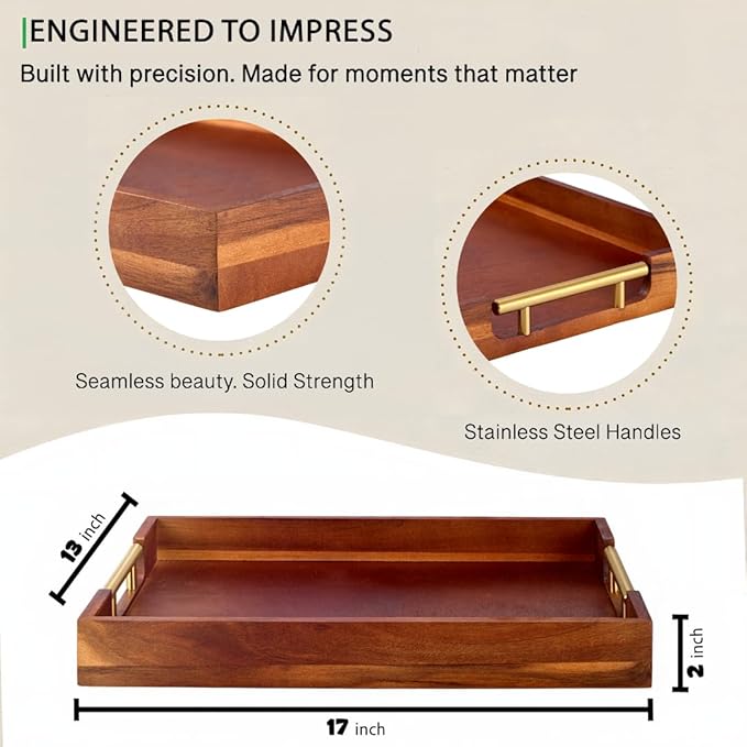 Premium Acacia Wood Ottoman Tray, 17x13 inches Large Serving Tray, Decorative Coffee Table Tray with Metal Handles, Ideal for Breakfast in Bed, Appetizers, Kitchen & Living Room Decor