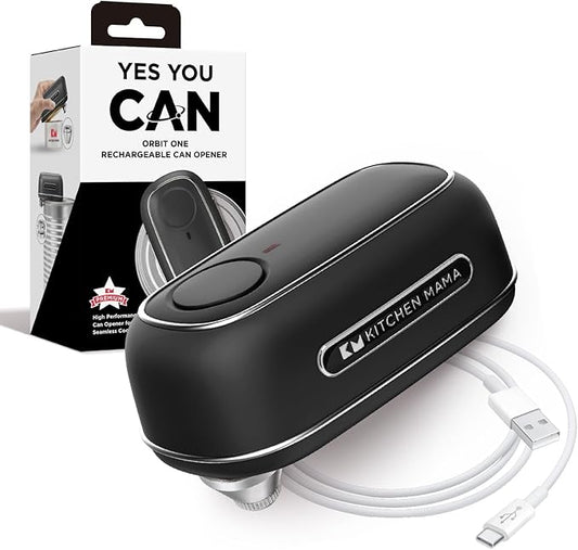 Kitchen Mama Orbit One Rechargeable Electric Can Opener: Hands-free, USB-C Charging, Automatic Stop, Smooth Edge, Safety, Blade for Large Cans, Heavy Duty, Soda and Pop Can, with Storage Box (Black)