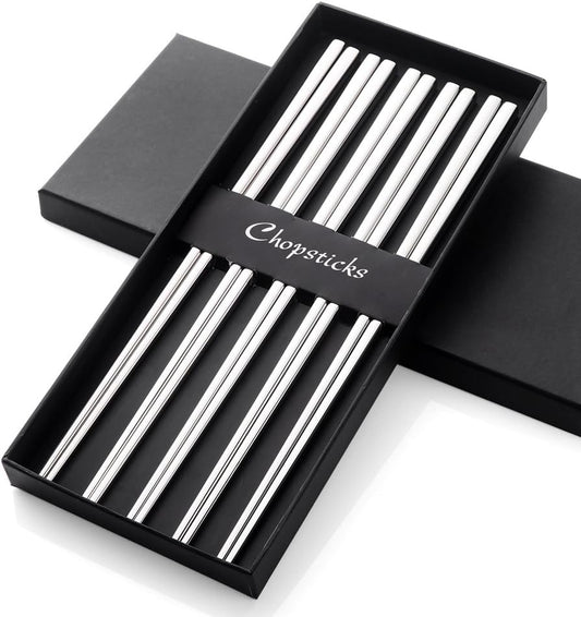 Buyer Star 5-Pair Silver Stainless Steel Chopsticks - Reusable Chinese Square Chopsticks