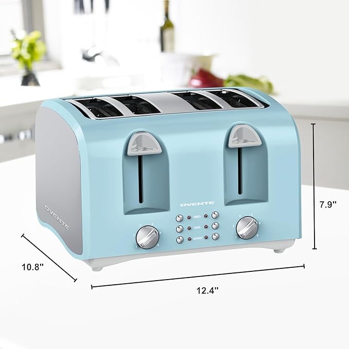 OVENTE Electric 4-Slice Toaster Machine with 6-Shade Selector Setting, Cancel Button, Defrost Function, Crumb Tray, 1400W Power and Wide Slots for Bagels, Waffles and Puff Pastry, Light Blue TS4410LBL