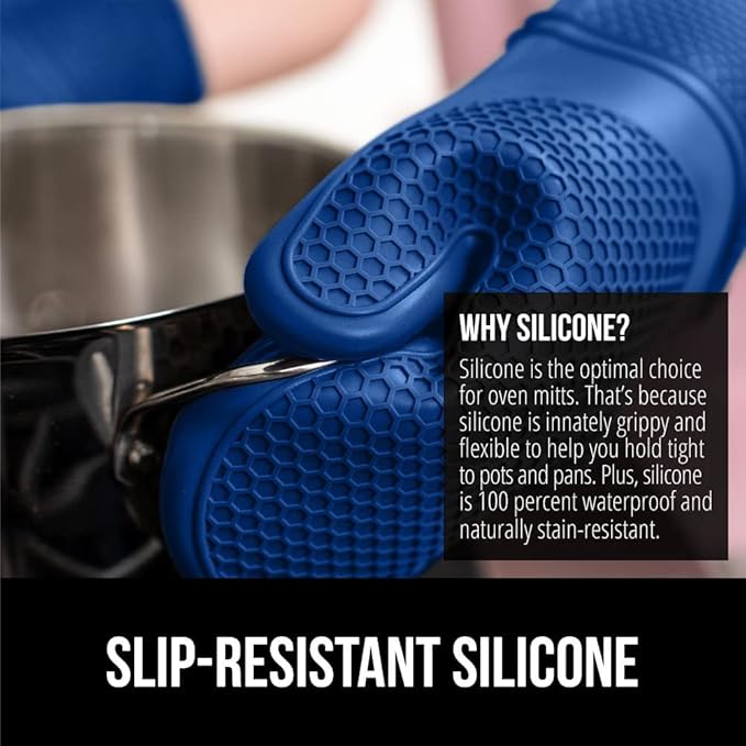 GORILLA GRIP BPA-Free Soft Silicone Oven Mitts, 14.5x8.3, Heat Resistant and Waterproof Cooking Gloves, Thick Cotton Lining, Flexible Gripping for Baking Grilling, Kitchen Potholders Set of 2, Blue