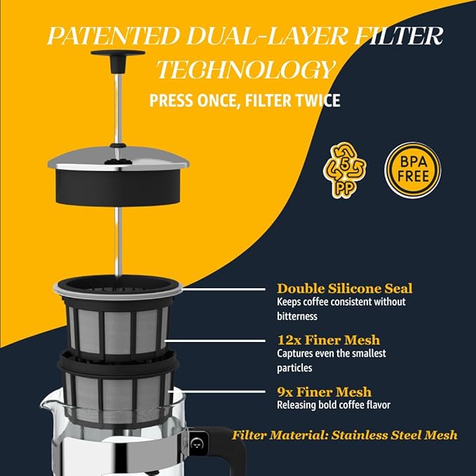ESPRO - P5 French Press Coffee Maker – Patented Double Microfilter for Sludge and Grit Free Coffee, Black, 32 oz