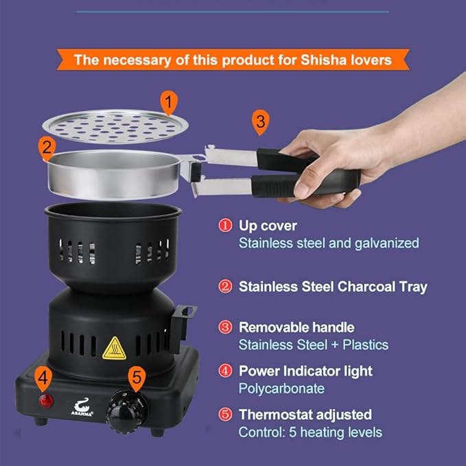 Multipurpose Charcoal Starter - Coal Burner Hot Plate Electric Stove Coconut Starter with Stainless Detachable Tongs, 4.9Ft Longer Cords, 600W Faster Heating for BBQ Kitchen etc.