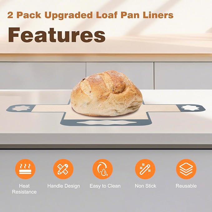 2 Pcs Silicone Bread Loaf Pan Liners, Reusable Food-Grade Silicone Bread Baking Mat, Non-Stick & Heat Resistant Loaf Pan Lifters, Sourdough Sling with 4 Handles, Fits 9x5" or 1.5Lb Loaf Pans