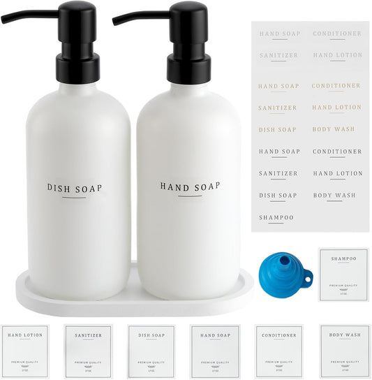 Glass Soap Dispenser - Dish Hand Soap Dispenser for Kitchen Set, Bathroom Soap Lotion Dispenser with 304 Rust Proof Pump, Tray, White Bottle/Black Pump