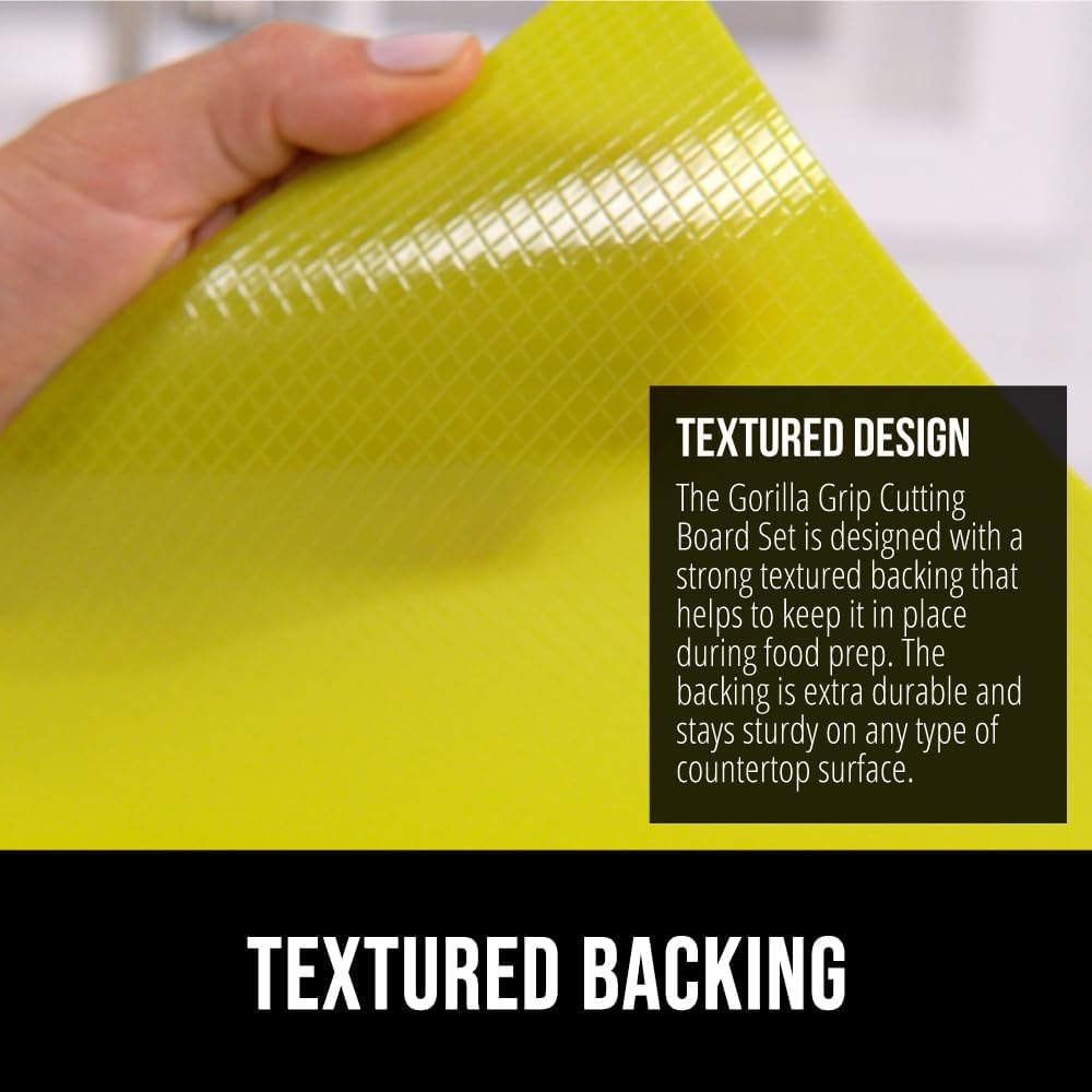 GORILLA GRIP 100% BPA-Free Flexible Cutting Board Set of 5, Durable Plastic Mats with Food Icons for Meal Prepping, Large and Mini Kitchen Chopping Mat, Use for Meat Fish Vegetables Fruit, Multicolor