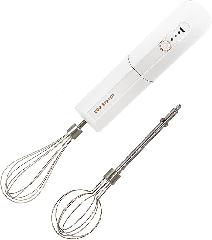 Cordless Hand Mixer, Foldable Design Handheld Electric Whisk with 3 Speed Modes, Hand Held Egg Beater with 2 Detachable Stir Whisks (White)