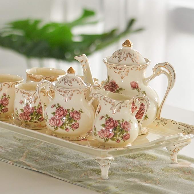 YOLIFE Ceramic Sugar and Creamer Set, Vintage Porlcelain Pitcher Creamer Sugar Bowl with Lid, Pink Rose Floarl Golden Leaves Edge