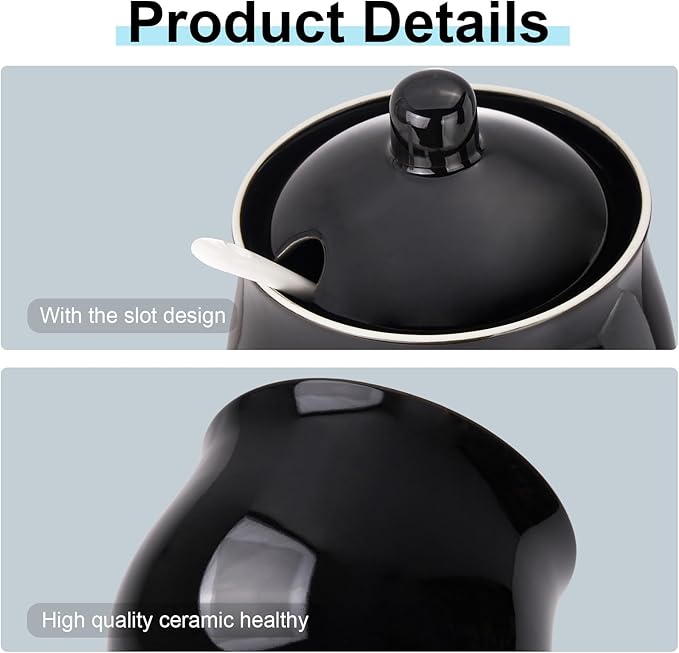 Ceramic Sugar Bowl with Lid and Spoon, Black Porcelain Sugar Salt Pepper Storage Jar, 8 Ounces