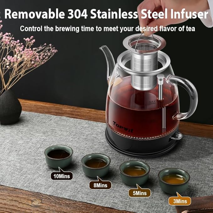 Topwit Electric Kettle Glass, For Hot Water, Tea and Coffee Dual Purpose Design, BPA-Free, 1L Pour Over Removable Stainless Steel Infuser, Auto-shut Off & Boil-dry Protect