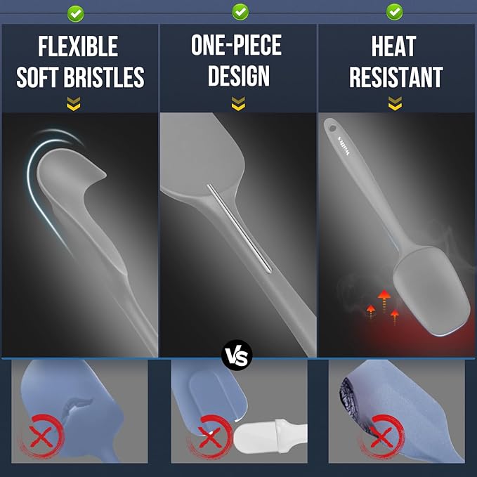 Walfos Silicone Spatula Set (7pcs) - 600℉ Heat Resistant Silicone Scraper Spatulas with Stainless Steel Core, Non Stick Flexible Rubber Spatula for Cooking, Baking and Mixing, Gray