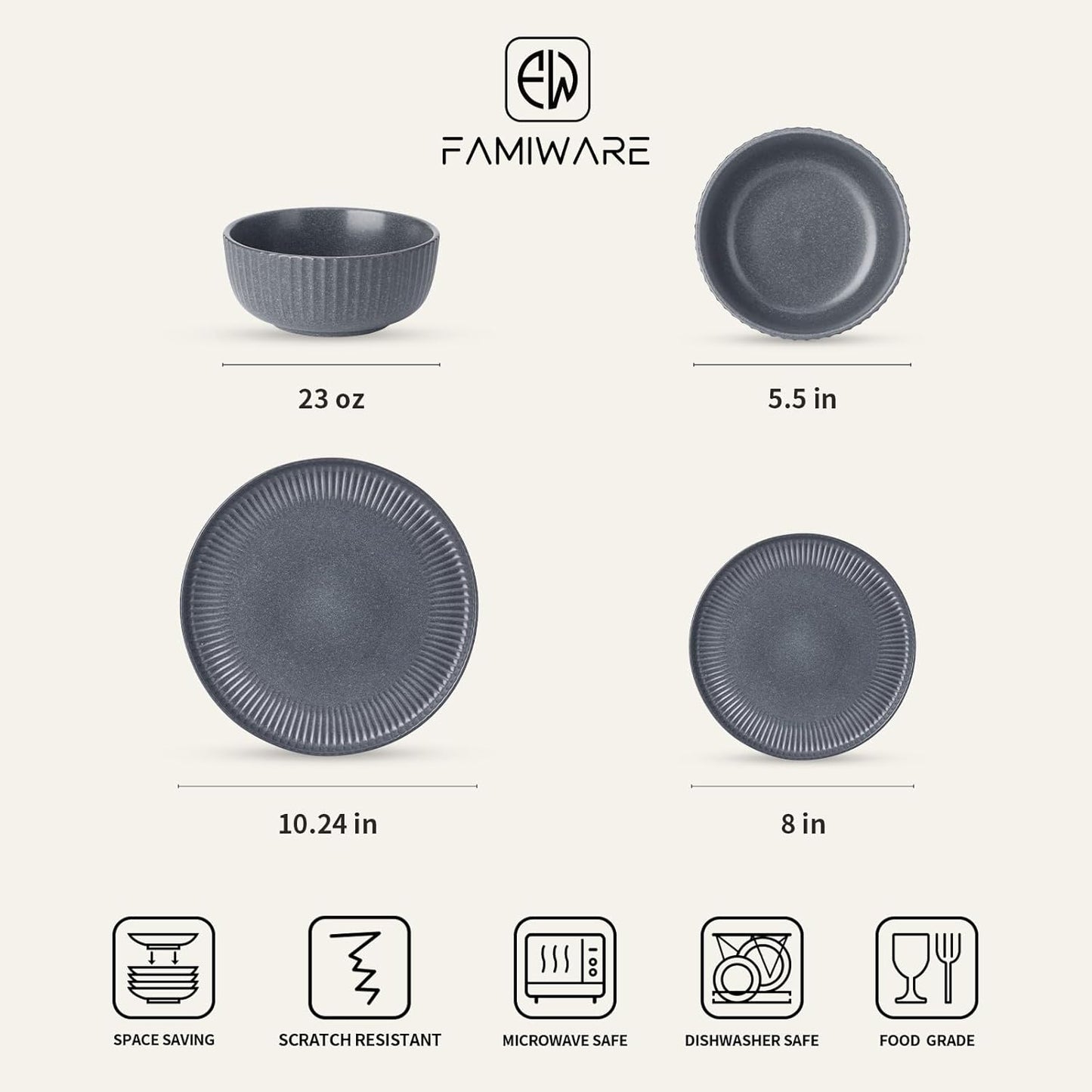 Famiware Starlight Dinnerware Sets, Plates and Bowls Dish Set of 4 (12 Pieces), Ribbed Textured Tableware - Dishwasher & Microwave Safe, Chip Resistant, Reactive Glaze, Matte Midnight Grey