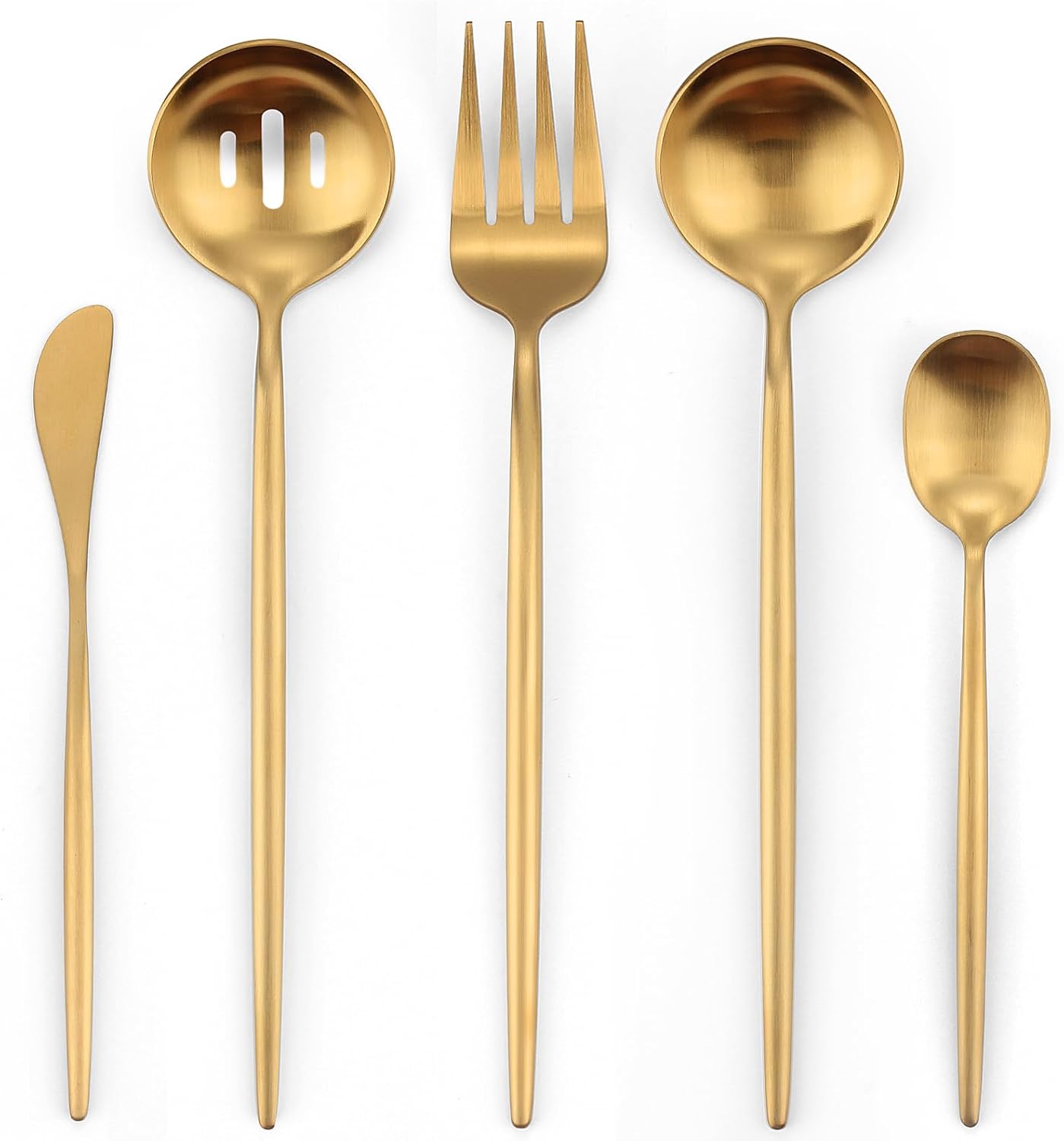 Matte Gold Serving Set，Oliviola 5-Piece Stainless Steel Large Hostess Set with Round Edge, Satin Finished, Dishwasher Safe -Large Spoon, Large Fork,Butter Knife，Sugar Spoon & Slotted Spoon