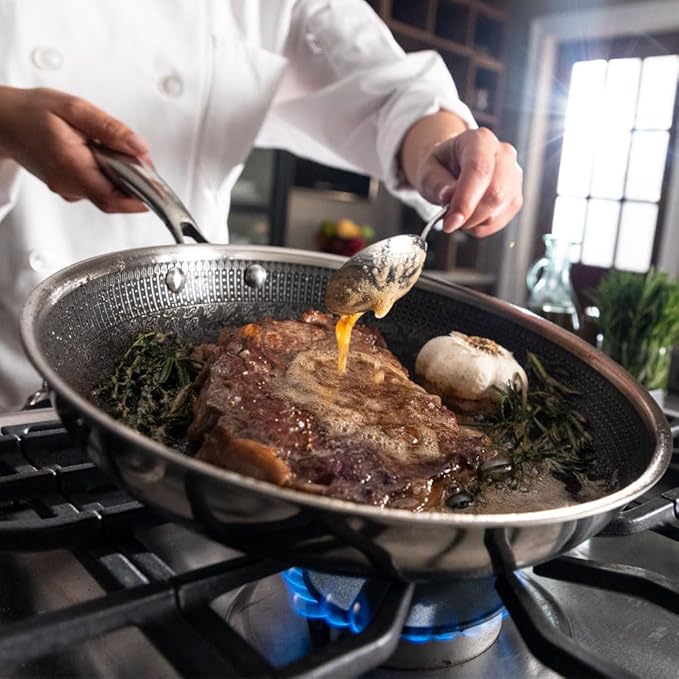Hell's Kitchen Hybrid 11" Frying Pan, Tri-Clad Stainless Steel and Nonstick Ceramic PFAS Free, no PFOA, no PTFE, no Teflon, Non Toxic Cookware, Metal Utensil Safe, All Cooktops, Oven Safe