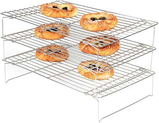 Restaurantware Met Lux 15.7 x 9.8 x 8.3 Inch Wire Baking Rack Set 1 Dishwashable Oven Wire Rack Set - 3-Tier Design Oven-Ready Up To 575F Stainless Steel Cooling Rack Set With Collapsible Feet