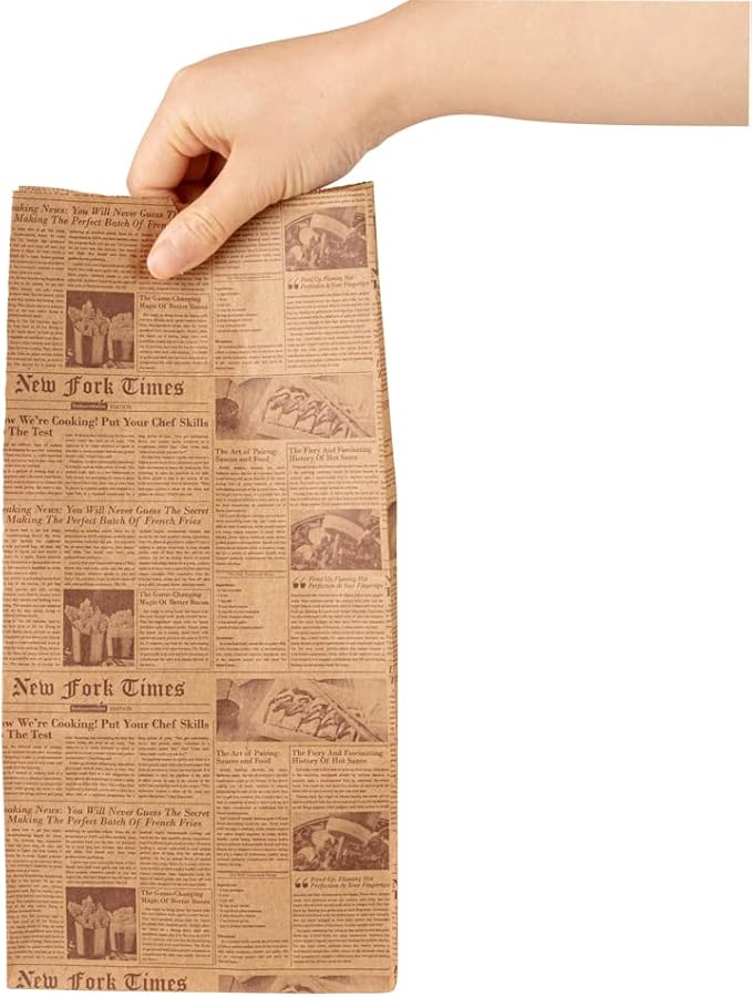 Restaurantware Bag Tek 8 Lb Disposable Lunch Bags 100 Sturdy Take Out Bags - Flat Bottom Microwavable Kraft Newsprint Design Paper Bags Freezable Great For Restaurants Cafes And Bakeries