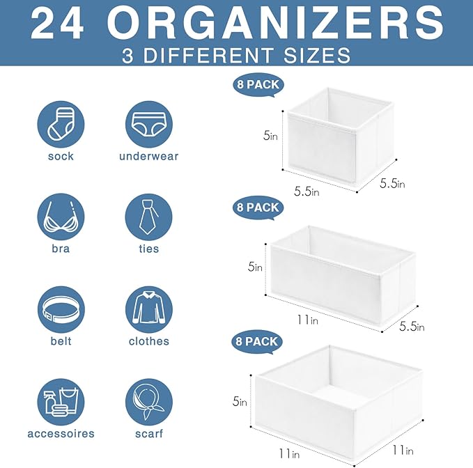 Criusia Drawer Organizer Clothes, 24 Pack Dresser Organizer Bins for Nursery Bedroom, Closet Organization and Storage Dividers for Clothing, Baby Clothes, Underwears, Socks (White)