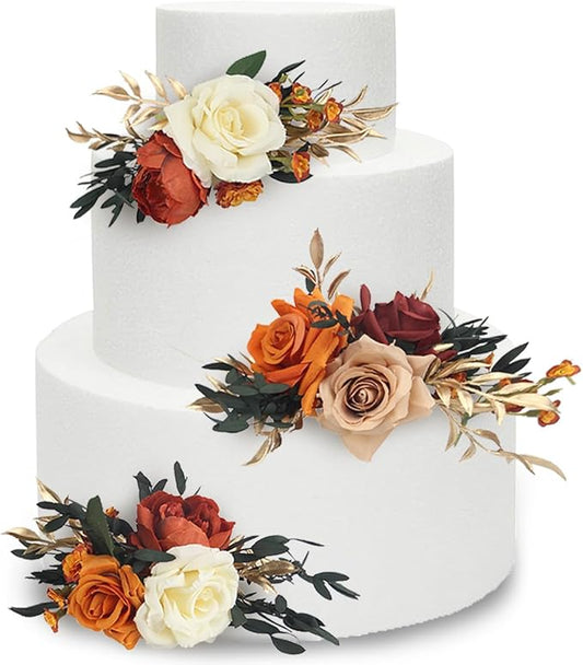 Rinlong 3Pcs Pre-made Cake Topper Cake Decorating Flowers for Cake Decor Boho Burnt Orange Fall Cake Flowers for Wedding Baptism Birthday Party Bridal Baby Shower