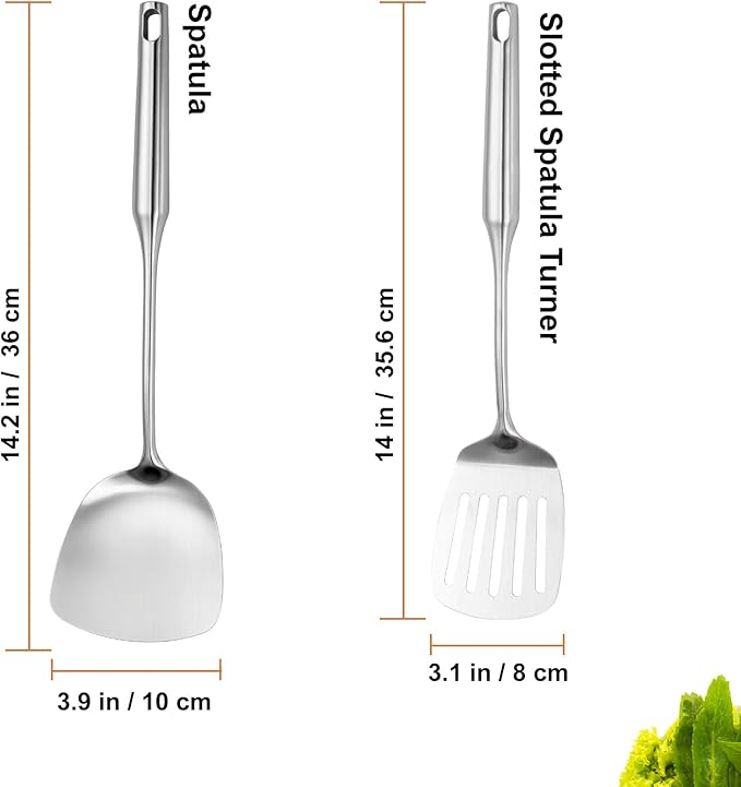 304 Stainlss Steel Kitchen Utensils Set, 2 Pcs Long Metal Utensils Set with spatula, slotted spatula turner (Dishwasher Safe)