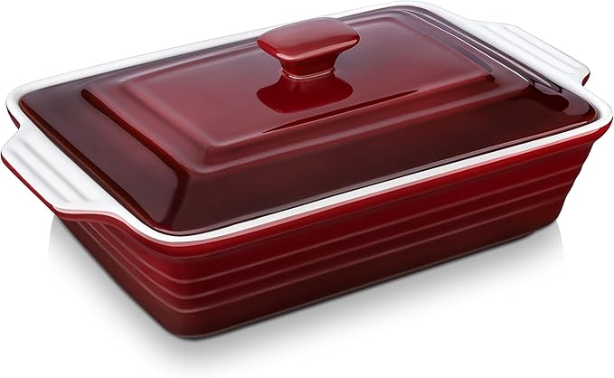 LOVECASA 4.5 Quart Ceramic Casserole Dish with Lid, 9x13 Baking Dish for Oven, Lasagna Pan Deep with Handles, Stoneware Bakeware, Oven & Dishwasher Safe, Gradient Red
