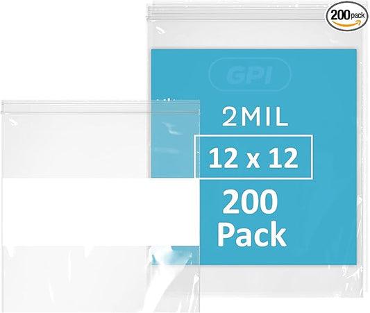 12" x 12" Large Zip Bags, 2 Mil Thick Clear Plastic Reclosable Zipper Lock Bags with Write-on White Block, with Resealable Zip Top Lock for Food Storage & Office Supplies, 200 Count