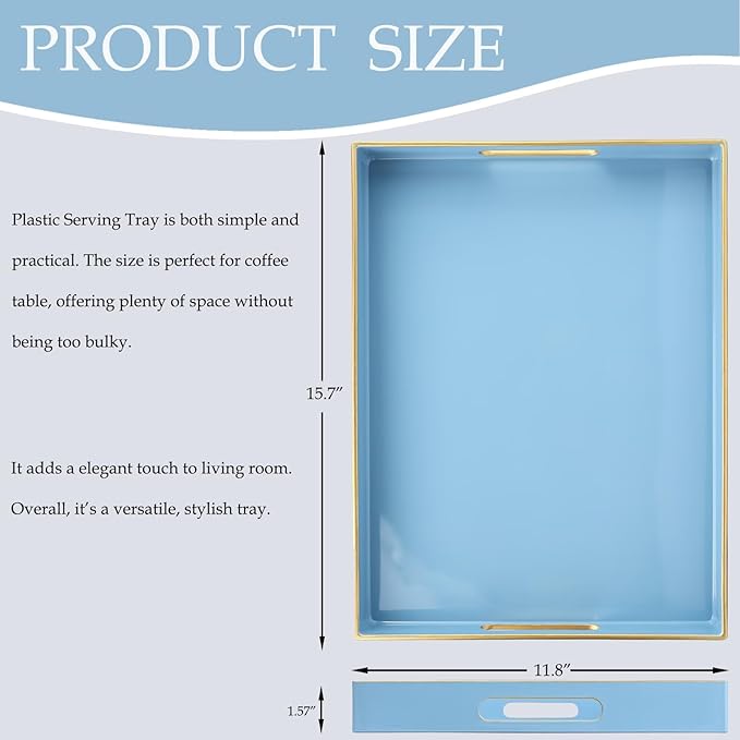 Spsyrine Blue Plastic Serving Tray for Ottoman, Coffee Table, Rectangle Decorative Tray for Entertaining, Outdoor, Living Room, Home Decor