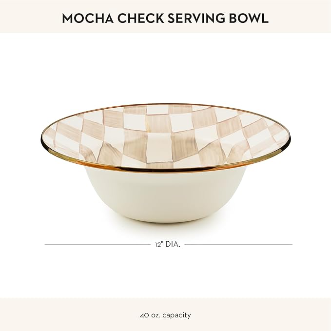 MACKENZIE-CHILDS Enamel Serving Bowl, Enamel Serveware Bowl, 12 Inches, Brown-and-White Mocha Check
