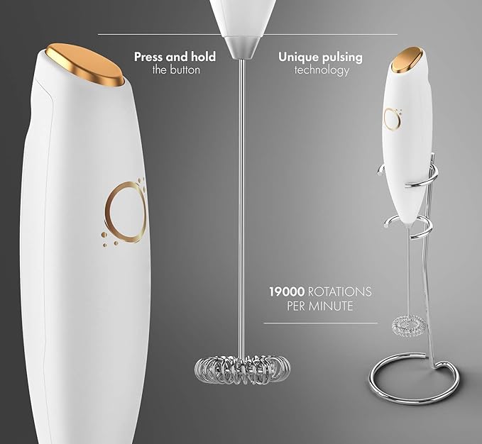Milk Frother White - Coffee Frother Handheld with Electric Whisk - 19000 rpm - Book Recipes and Stainless Steel Stand Included - Hand Mixer Electric (White and Gold)