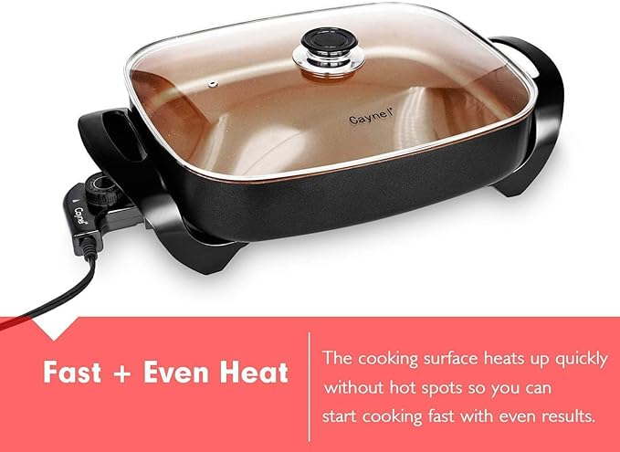 Caynel Professional Non-stick Copper Electric Skillet Jumbo, Deep Dish with Tempered Glass Vented Lid, Upgrade Thermostat, 16”x 12”x 3.15”- 8 quart