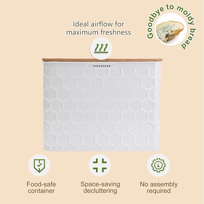 NIKKY HOME Extra Large Space Saving Farmhouse White Bread Box With Bamboo Lid - Holds 2 Loaves - Vertical Breadbox Bread Storage Bin Holder for Kitchen Countertop, Honeycomb Embossed Pattern