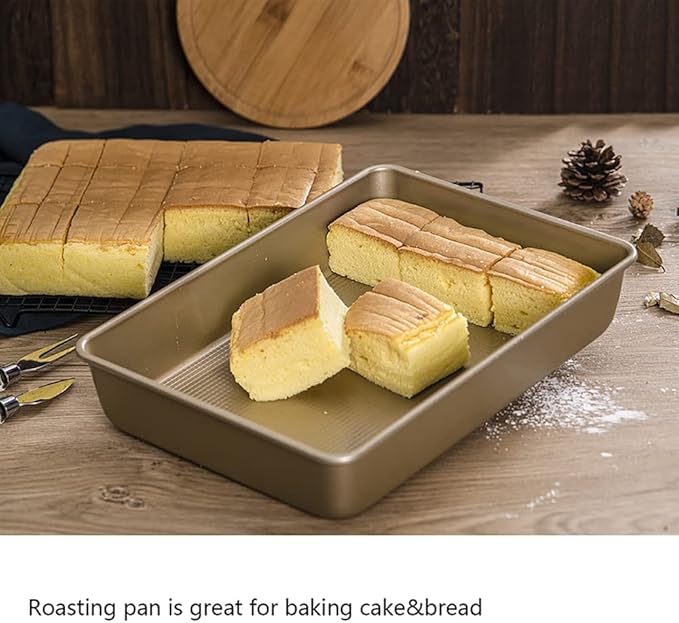 Kitcom Nonstick Roasting Pan for Baking, 13.4x9.4x2.4 Inch Cake Molds, Heavy Duty Rectangular Baking Pan for Oven, Champagne Gold