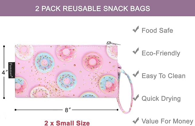 Reusable Sandwich Bag/Snack Bag for Kids & Adults, Dual Layer Lunch Bag with Handle, Washable, Food Safe, BPA Free (2-Pack, Colorful Donut)