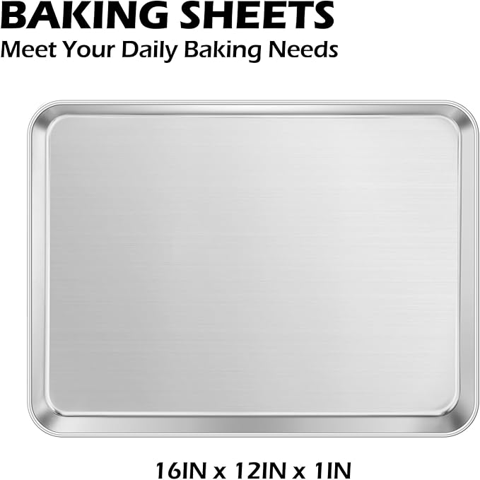Baking Sheets Pan, Leonyo 2Pack 16IN x 12IN Stainless Steel Cookies Sheets for Baking, 1IN Deep Metal Toaster Oven Pan Tray for Oven, Dishwasher Safe