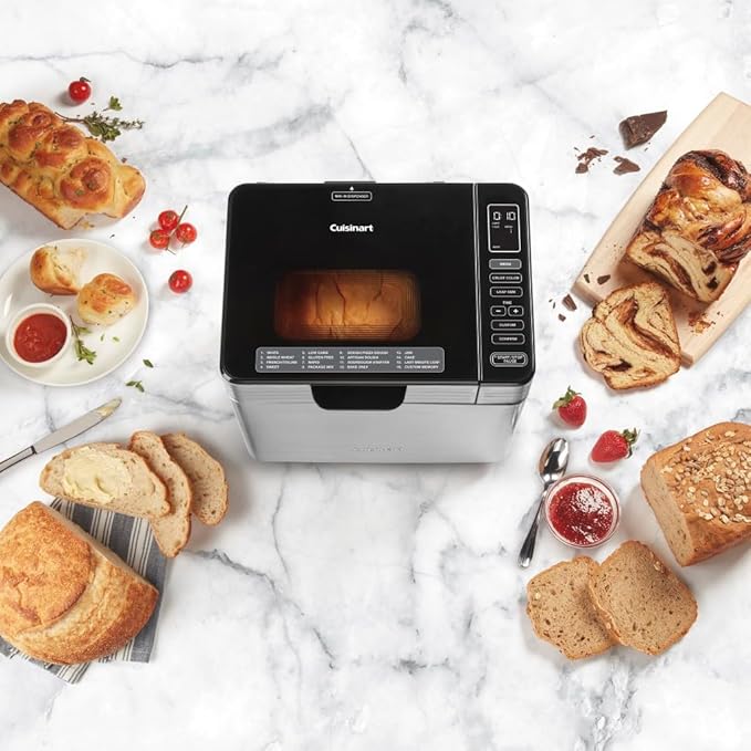 Cuisinart Convection Bread Maker Machine-16 Menu Options, 3 Loaf Sizes up to 2lbs, 3 Crust Colors-Includes Measuring Cup + Spoon & Kneading Hook, CBK-210, 12.25" x 8.85" x 13", Stainless Steel