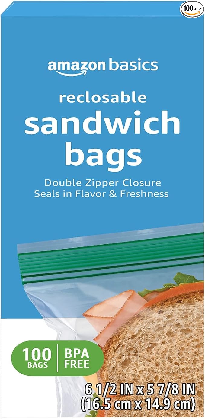Amazon Basics Reclosable Sandwich Double Zipper Storage Bags, 100 Count, Pack of 1