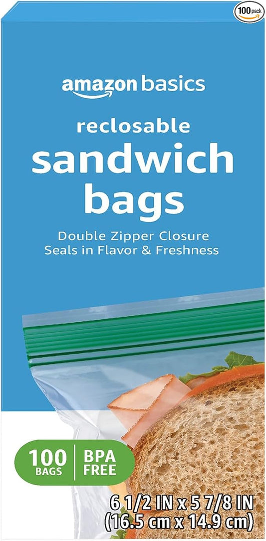 Amazon Basics Reclosable Sandwich Double Zipper Storage Bags, 100 Count, Pack of 1