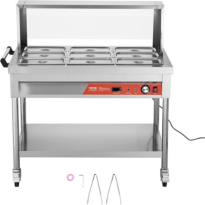 VEVOR 9-Pan Commercial Food Warmer, 9 x 1/3 Pans Electric Steam Table, 1500W Professional Buffet Catering Food Warmer with Shield Undershelf Wheels, Stainless Steel Server for Party Restaurant
