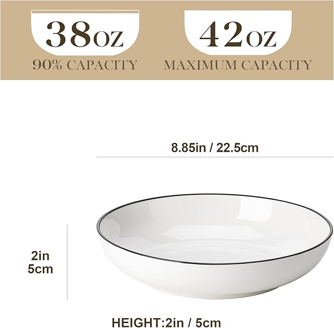 MALACASA 8.85" Large Pasta Bowls, 42 OZ White Salad Bowls Soup Bowls, Porcelain Serving Bowls Set of 6, Ivory White with Black Rim, Microwave & Dishwasher Safe, Series REGULAR
