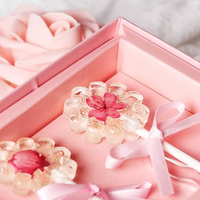 12 Capacity Silicone Cherry Blossoms Lollipop Mold Set, Sucker Molds and Chocolate Hard Candy Mold with 50pcs Lollipop Sucker Sticks, Candy Treat Bags, Gold Ties. (Cherry Blossoms Pink)