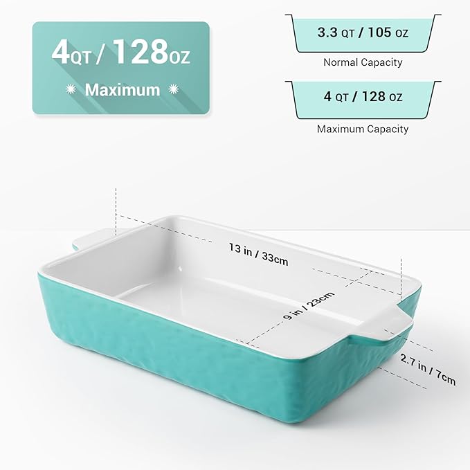 4 QT Baking Dish, Casserole Dishes for Oven, 9x13 Baking Pan with Handles, Lasagna Pan Deep, Ceramic Casserole Dish Oven Safe for Baking, Lasagna, Kitchen, Wedding Gift (Aquamarine)