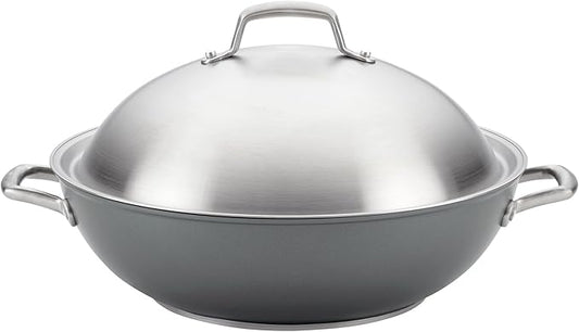 Anolon Accolade Forged Hard Anodized Nonstick Wok / Stir Fry Pan with Lid, 13.5 Inch - Moonstone Gray