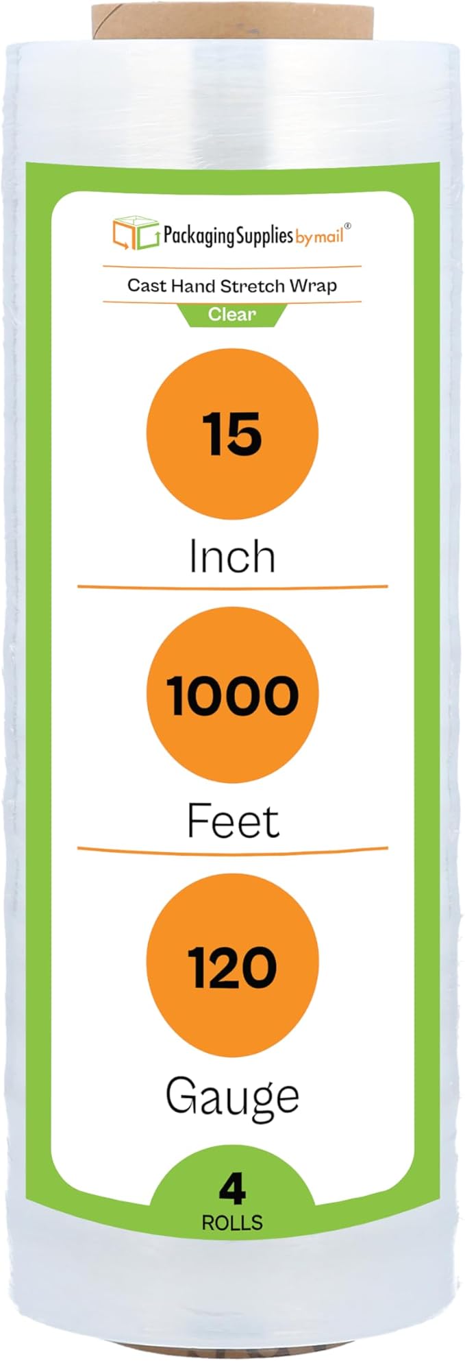 PSBM Stretch Wrap, 4 Pack, 15 Inch x 1000 Feet, 120 Gauge, Clear Plastic Cling, Cast Hand Stretch Film Rolls for Packaging Moving Packing Pallets