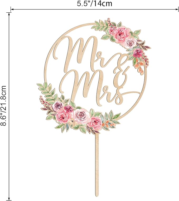 Mr & Mrs Cake Topper Floral Wedding Cake Topper in Wood (Design 01)