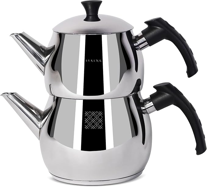 Serenk Stainless Steel 3 qt(101 fl oz) Turkish Tea Pot Sets With Lids And NonSlip Bakelite Handles For All Stove Type Turkish Tea Maker Two Pots With Termo Capsuled Induction Base (Black Small)