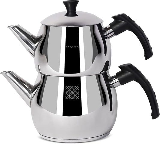 Serenk Stainless Steel 3 qt(101 fl oz) Turkish Tea Pot Sets With Lids And NonSlip Bakelite Handles For All Stove Type Turkish Tea Maker Two Pots With Termo Capsuled Induction Base (Black Small)