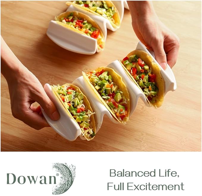 DOWAN Porcelain Taco Holder, 9.75" Large Taco Stand with Handle, Sturdy and Stable, Oven & Microwave & Dishwasher Safe, Safe without Sharp Edge, Taco Trays Holds 3 Taco Shell, Easy to Clean, Set of 2
