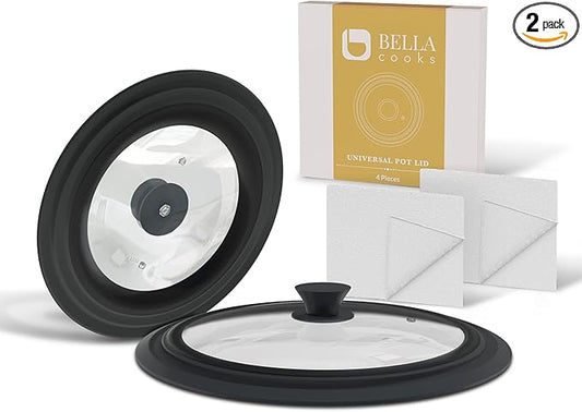 Universal Lids for Pots, Pans & Skillets 2set Frying Pan Cover Fits fit 7", 8" 9" & 10", 11", 12" Diameter Cookware, 2 Cotton Rags,Tempered Glass with High Heat Resistant Silicone Rim Dishwasher Safe.