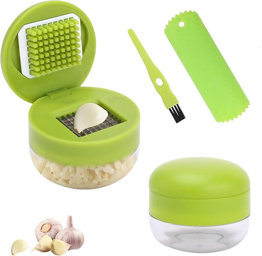 2 Pcs Garlic Press Set, Stainless Steel Garlics Crusher with Silicone Peeler and Cleaner Brush, Easy to Use Garlic Chopper for Shredded Garlic, Ginger, and Fruit