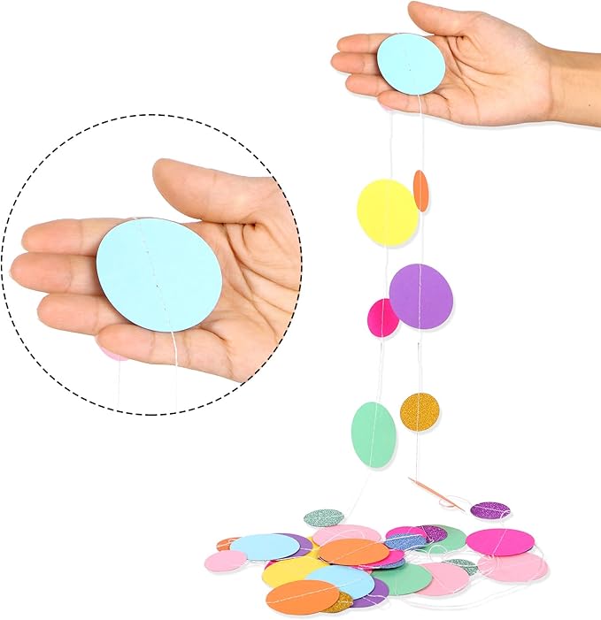 Outus 10 Pieces Colorful Dots Paper Garland Round Glitter Garland Hanging Confetti Streamers Backdrop Decoration for Birthday Classroom Candy Sprinkles Trunk or Treat Party (Rainbow)