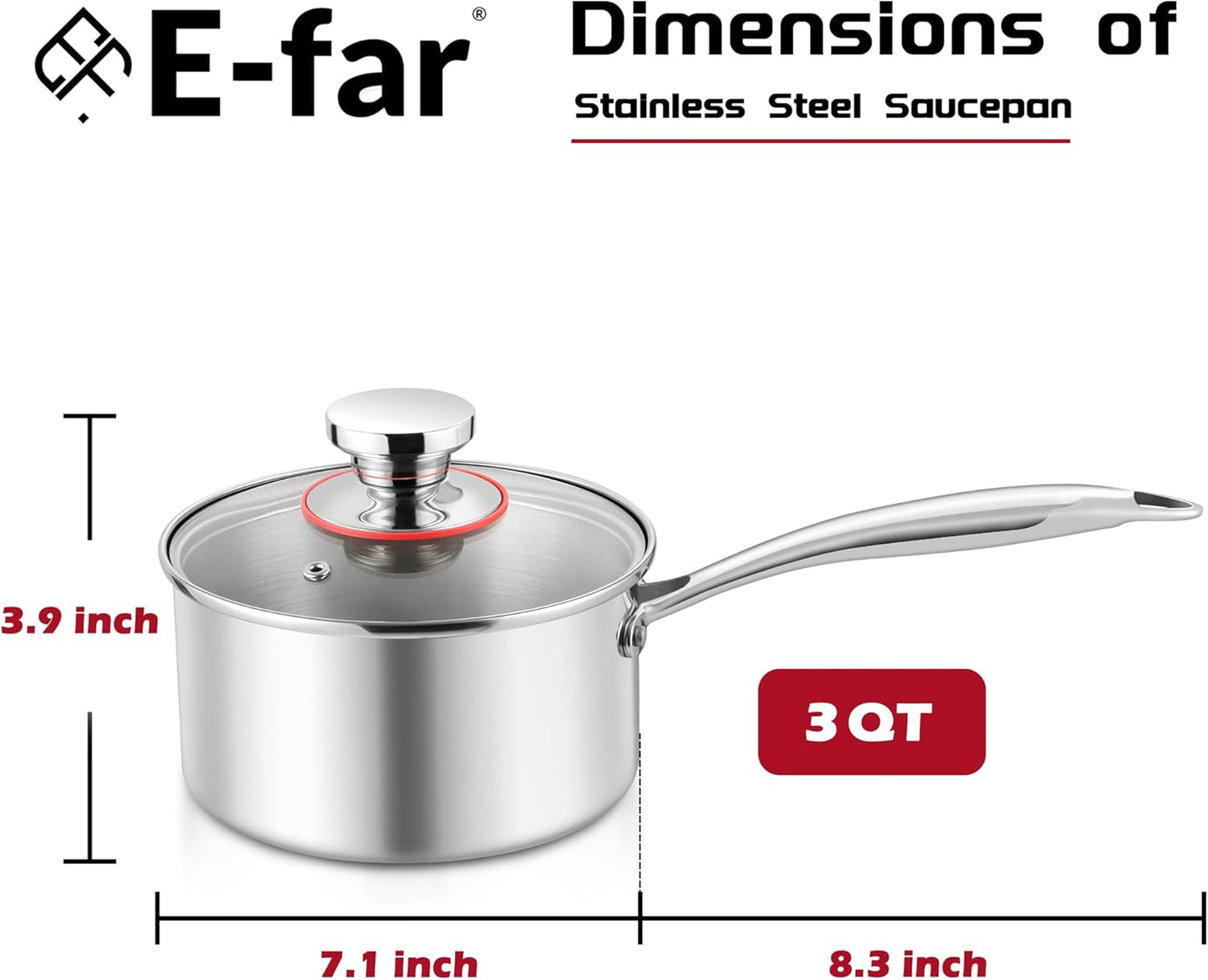 E-far 3-Quart Saucepan, Tri-Ply Stainless Steel Sauce Pan with Glass Lid, Small Cooking Induction Pot Compatible with All Cooktops, Non Toxic, Oven & Dishwasher Safe